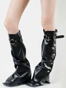 1 Pair Solost Dark Punk Style Black Cozy Leg Warmers, Women Metal Buckle Goth Outfit Micro Flare Boot Covers, Leather Cozy Leg Warmers