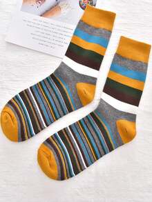 5 Pairs Of Men's Mid-Calf Socks, Plus Size, Classic Colorful Thick And Thin Striped Geometric Design, Sweat-Absorbent, Breathable, Moisture-Wicking, Versatile Casual Socks - Multicolor - View 7