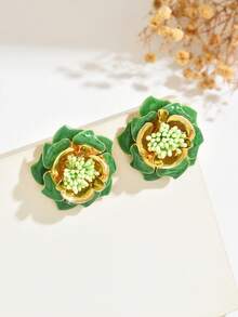 1 Paar elegante mehrschichtige 3D Rosen Blumen Ohrringe, schicker Küstenurlaubsstil, leichte Blumen Ohrringe geeignet für den täglichen und Urlaubsgebrauch von Frauen - Grün - Übersicht 3