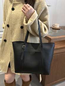 Bolso de hombro de color contrastante de moda, bolso de tela versátil y vintage para ir al trabajo - Negro - Ver 5