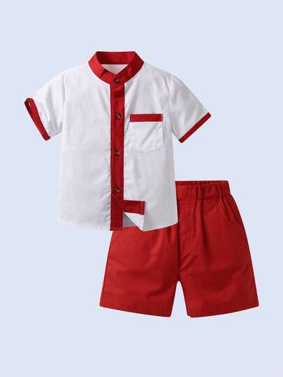 BOARNSEORL 两件套男童休闲套装，白色短袖上衣搭配红色短裤，时尚百搭，适合生日、家庭聚会、派对、周岁生日、户外旅行等场合。