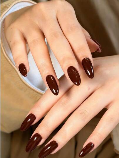 24 件杏仁亚克力指甲套，浅棕色亮面设计，可重复使用亚克力按压指甲，含 1 个指甲锉和 1 个果冻凝胶，适合女性和女孩日常佩戴美甲用品