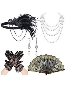 5pcs D EXCEED Women's Accessories Set - Headband, Earrings, Necklace, Gloves, Hand Fan, Suitable For Tea Party, Ball, Opera Costume, 1920s Vintage Party - Multicolor - View 12