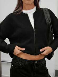 FOR BEAUTY Autumn And Winter New Solid Color Round Neck Zipper Knitted Cardigan Women's Top, Gentle Korean Elegant Casual Loose Lazy Style Versatile Suitable For Go Out Commuting Sweater Coat Autumn Women's Clothing New Year