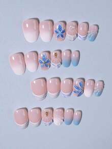 24pcs Oval Flower Nail Stickers With Shell & Pearl Decor, High Adhesion French Manicure Stickers For Short Acrylic Nails, Includes 1pc Jelly Gel And 1pc Nail File, Suitable For Women & Girls For Daily, Holiday Party, Etc. - Nhiều màu 2 - Xem 5