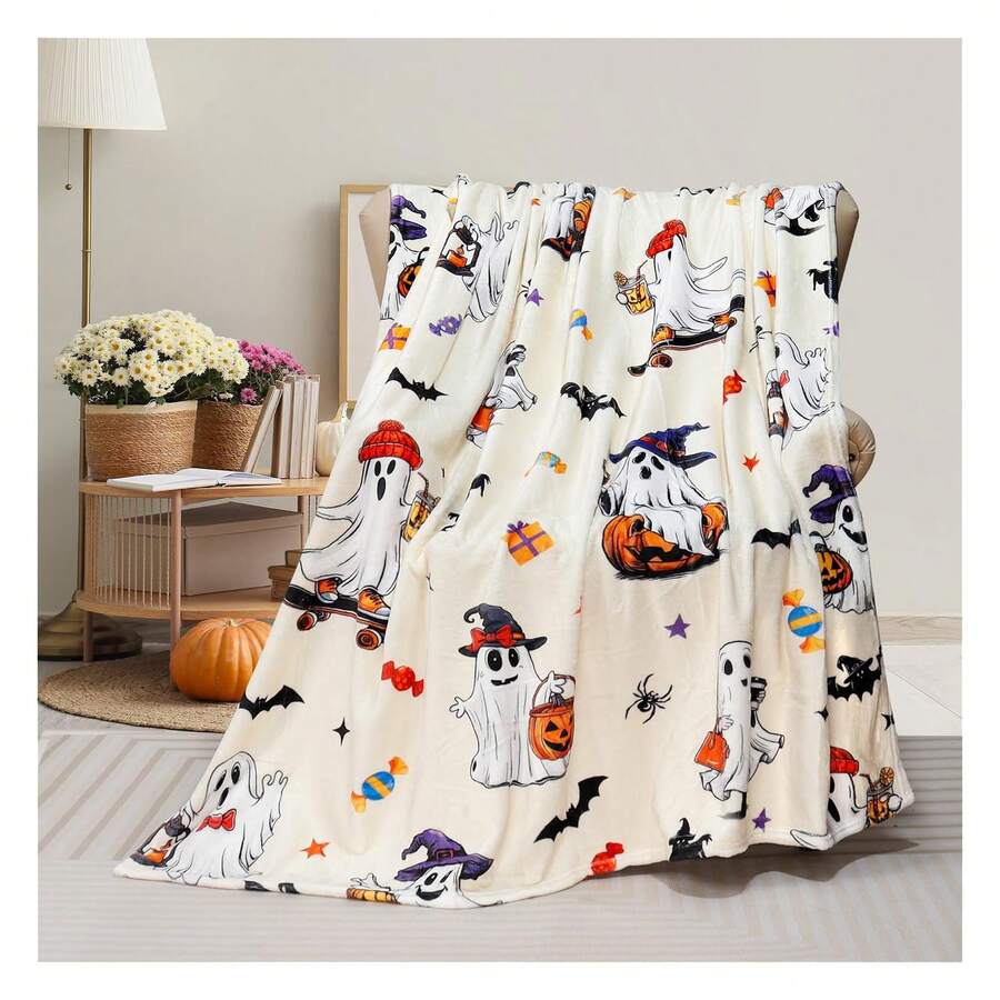 Halloween Throw Blanket Cute Ghost Throw Blanket Halloween Bat Fleece Blankets Soft Warm Cozy Blanket Decorative Plush Throws Blankets For Couch Sofa Bed 50" X 60" Luxuriously Soft, Perfectly Warm,Your Cozy Companion,Your Sofa's Best Friend - Nhiều màu - Xem 1
