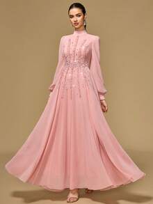 Women's Elegant Long Sleeve Dress With Stand Collar, Front Beaded Ruched Design, Dyed Button Closure - Pink - View 5