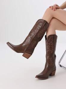 Cowgirl Boots For Women Knee High Western Boots Embroidered Pointed Toe Chunky Heel Pull On Vintage Classic Boots - 棕色 - 查看 7