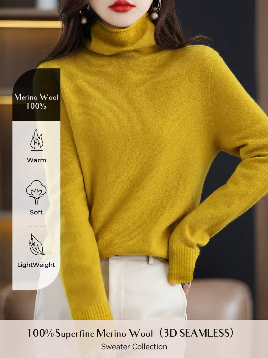 女式 100% 美利奴羊毛无缝毛衣高领秋冬保暖柔软针织复古毛衣长袖针织套头衫上衣 - 芥末黃 - 查看 1