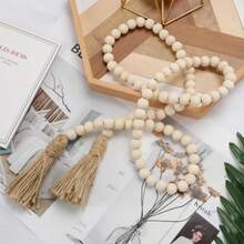 1pc 16mm Rustic Wooden Beads 58 Inches Long, Garland With Jute Tassels Farmhouse Vintage Decors, Festive Table & Living Room Handcrafted Home Ornaments Accessories - Wood Color - View 4