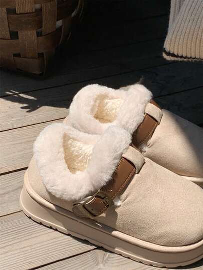 XIXITIAO 1双加厚保暖带扣拖鞋，舒适雪地靴，纯色时尚百搭软底拖鞋，复古羊毛拖鞋