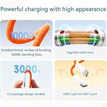 3,3/6,6/10 fot flätad nylon USB-C till typ-C snabbladdningskabel, kompatibel med iPhone 17/16/15/Pro/Pro Max/iPad och andra Android-telefoner, stöder 60W~18W snabbladdning, lämplig för inomhus-/utomhus-/resor- och bilanvändning - Orange - Visa 4