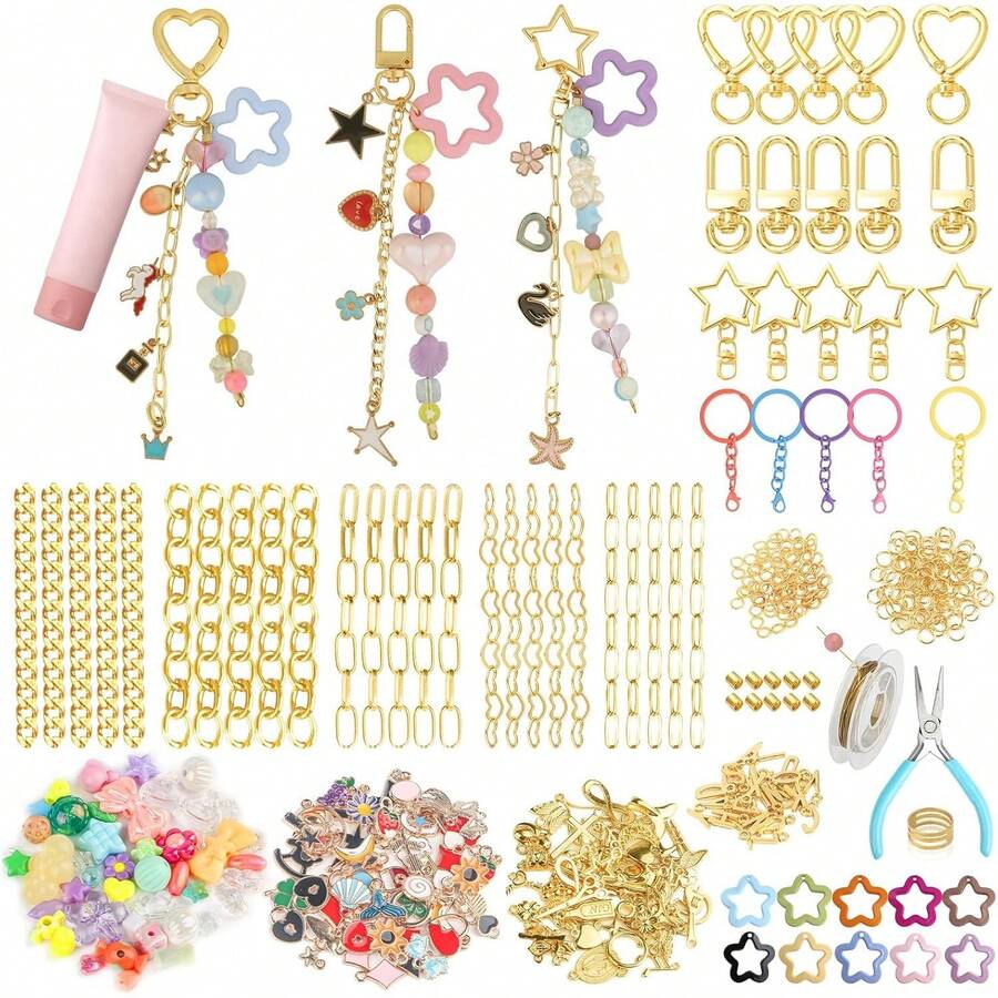 354pcs Keychain Making Kitv - Bag Charm Kit With 136 Charms, 25 Extender Chains, 20 Keychain Clips, Beading Accessories & Jewelry Pliers - DIY Crafting And Jewelry Making - 彩色 - 查看 1
