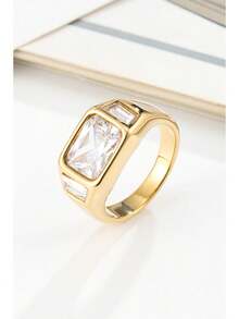 1 Piece 18K Gold Niche High-End Three-Diamond Square  Ring Daily Matching Party Gathering Valentine's Day, Christmas, Birthday Gift - Silver - View 3