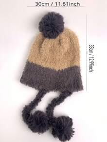 1pc Oversized Fluffy Pom Pom Earflap Hat, Cute & Warm Winter Hat For Women, Thick Knitted Beanie With Lining, Suitable For Autumn/Winter