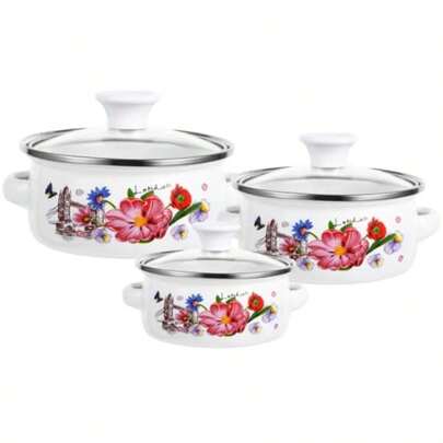 Enamel Stock Pot Set With Lid 3pcs Retro Flower Design Stew And Bean Cooking Pots Enamelware Pasta Pots With Flat Bottom For Gas Stoves Dural Handles For Easy Grip Dishwasher  Ideal For Home Cooks Compact Kitchen Essentials Diameters: 8/7/6 Inches