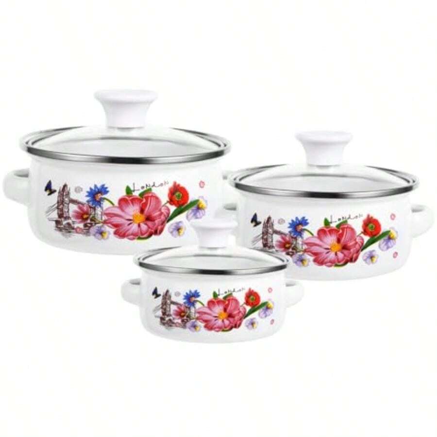 Enamel Stock Pot Set With Lid 3pcs Retro Flower Design Stew And Bean Cooking Pots Enamelware Pasta Pots With Flat Bottom For Gas Stoves Dural Handles For Easy Grip Dishwasher  Ideal For Home Cooks Compact Kitchen Essentials Diameters: 8/7/6 Inches - AssortedColor - View 1