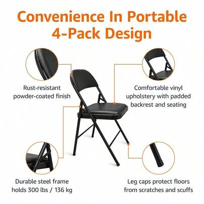 Vinyl-Padded Folding Chairs 136 Kg Weight Capacity, Black 4 Pack