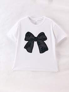 Teen Girls Short Sleeve T-Shirt, Bow Print Pattern, Round Neck, Fashionable & Teen Girls Clothing, Teen Girls Apparel