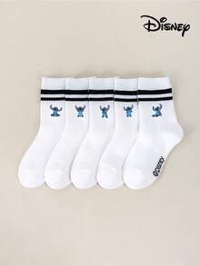 Disney 1/5 Pairs: Stitching Pattern, Stitching Couple Socks, Angel Design Kids Socks, Ruffle Socks, Bubble Socks, Bubble Ruffle Socks, Red & Black Striped White Ankle Socks, Girls Ankle Socks, Boys Ankle Socks, Children Ankle Socks, Daily Wear/Party Gift/Easter/Spring & Summer/Thin - Multicolor - View 4