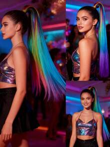 1pc 26-Inch Straight Ombre Purple-Blue Braided Ponytail Hair Extensions, With Elastic Band, Suitable For Girls And Women For Party And Festival Wear - Multicolor - View 4