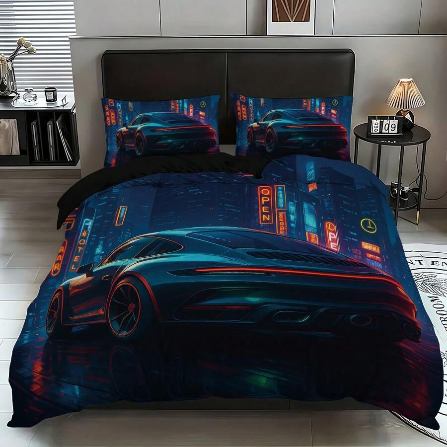 Bộ 3 món ga trải giường in hình xe đua hoạt hình, mềm mại, thoải mái, thoáng khí và ấm áp, bộ chăn ga gối cá nhân hóa, nhiều kích cỡ, phù hợp cho bé trai, bé gái, người lớn, phòng ngủ, phòng khách (1 ga trải giường + 2 vỏ gối, không kèm ruột chăn)