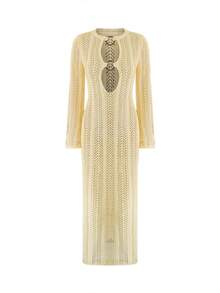 女士春夏休闲优雅日常百搭纯色圆领修身长袖开衩镂空海边沙滩黄色长款针织罩衫，女士夏季连衣裙，夏季度假装，镂空设计，沙滩裙，海滨度假连衣裙 - 黃色 - 查看 9