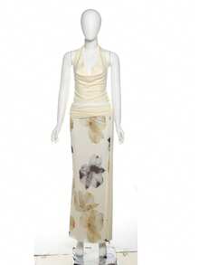 夏季热销女款露背挂脖上衣修身印花长裙三件套 - 杏色 - 查看 1