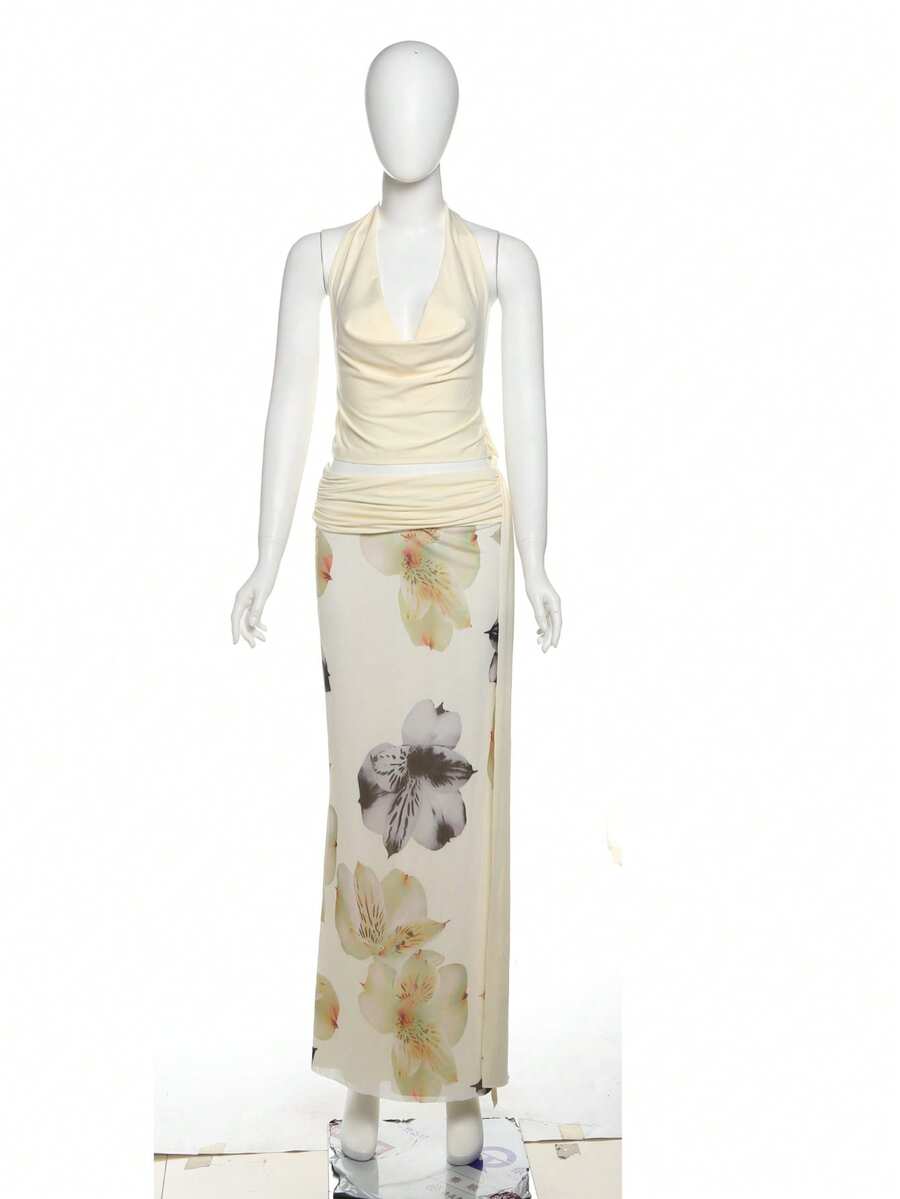 夏季热销女款露背挂脖上衣修身印花长裙三件套 - 杏色 - 查看 1