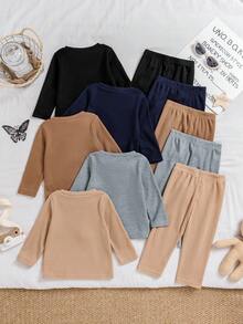 5 Sets (10 Stücke) Lässiges, einfarbiges Langarm-T-Shirt- und Hosen-Set für Kleinkinder (Jungen) aus weichem, bequemem Waffelstrickstoff, geeignet für Outdoor-Aktivitäten, Herbst/Winter - Verschiedenfarbig - Übersicht 2