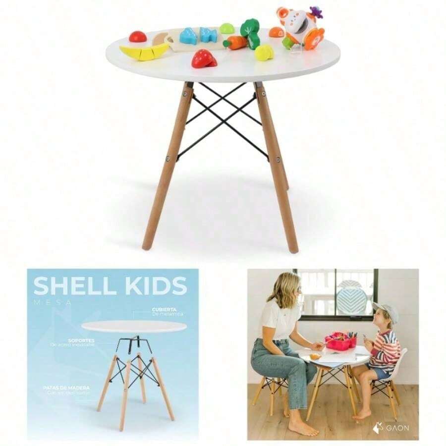 Mesa para nios Redonda Mesa Redonda Blanca para Comedor y para Actividades Infantiles Decoracin de MDF, Patas de Madera para nios y nias - inicial - Ver 1
