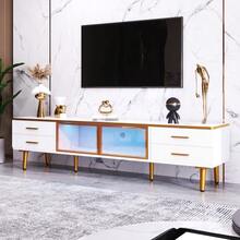 Coffee Table, TV Stand, Modular Living Room Furniture, Tempered Glass Door, Aluminum Alloy Frame, Wavy Structure Drawers, Gold Handles And Feet, Marble Top. - White - View 4