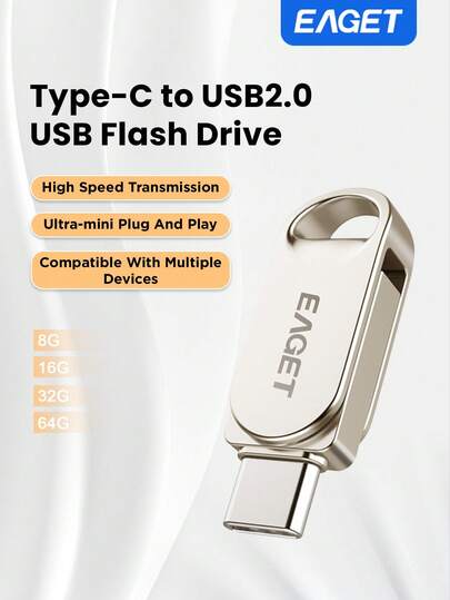 EAGET Mini pen drive USB 2.0 com conector Tyne-C e capacidades de armazenamento de 8G/16G/32G/64G de alta eficiência. Altamente portátil e compatível com dispositivos eletrônicos como computadores e celulares, bastando conectar e usar.