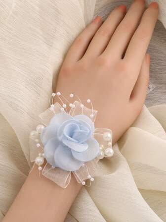 1 st Romantisk Ljusblå Mesh Rose Handledskorsage, Handgjord Pärlbroderad Brudtärna Vän Bröllopsfest Alla hjärtans dag Spetsrem Armband Blomma SW618B