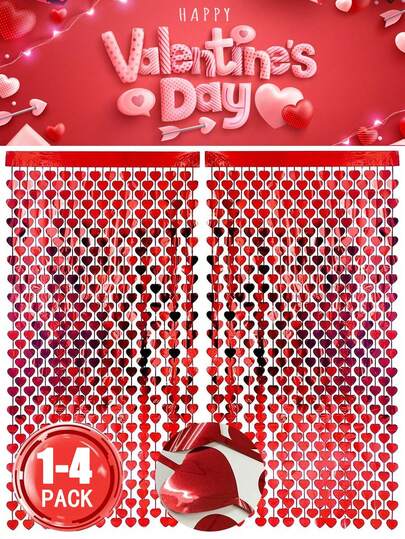 1-4 Packs 2*1m Red Heart Shaped Rain Curtain Decor, Suitable For Valentine's Day, Wedding, Engagement, Decoration, Birthday, Anniversary, Party, Background Hanging Wreath Decor