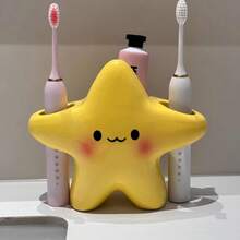 1 Cute Star-Shaped Plastic Toothbrush Holder - Freestanding Bathroom Organizer With Adorable Face Design, Durable Plastic Construction, Space-Saving Toothbrush And Toothpaste Stand - Màu vàng - Xem 2