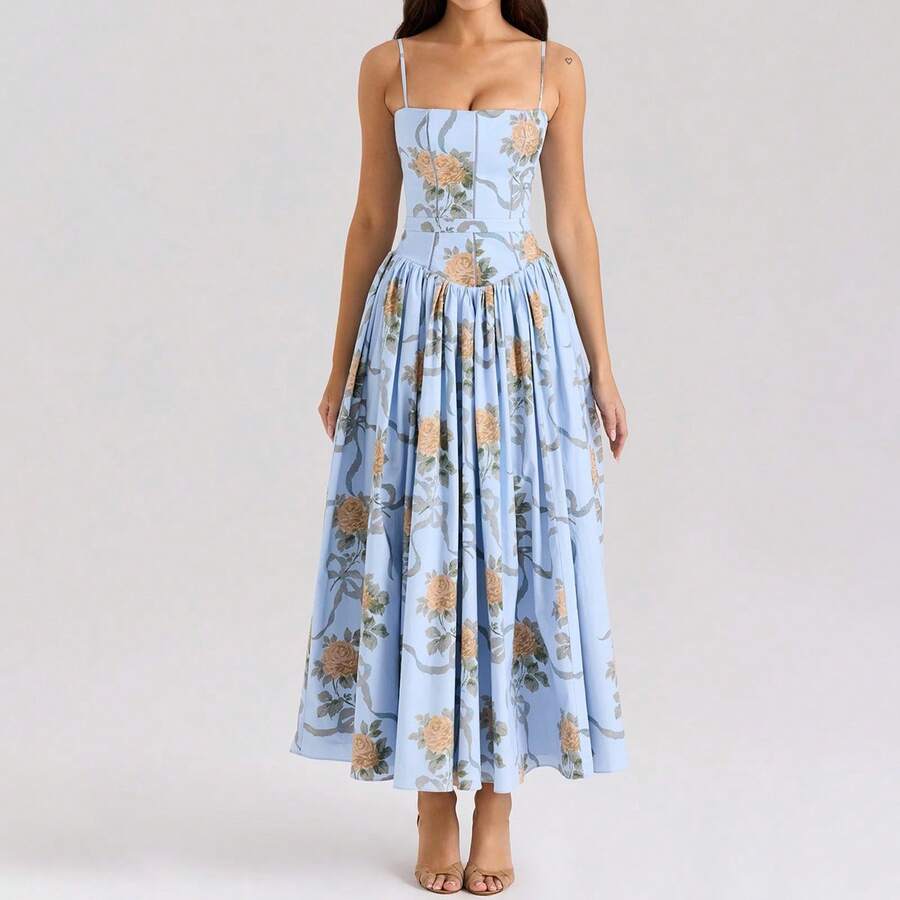 European And American Fashion Women's Floral Print Waist-Cinching Strap Dress New Summer Vacation Style French Long Dress For Women - 天藍色 - 查看 1