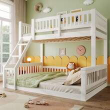 Bunk Bed, 90x200cm + 140x200cm, Ladder, Bed Rail, Simple Style, Without Mattress, White - White - View 2