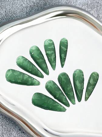 尖头美甲 手工按压式美甲片，纯色底色，手绘创意3D图案，全覆盖DIY闪光人造指甲（10片/包）