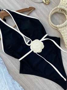 新款春夏休闲性感优雅撞色挂脖连体泳衣，适合海滩、度假、派对、约会等场合。 - 黑色 - 查看 4