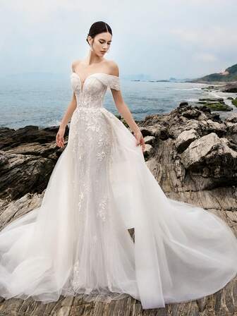 HEARBOBO Gorgeous Beaded Off The Shoulder Elegant Formal Evening Prom Mermaid Wedding Dress Bridal, For Graduation, Dinner