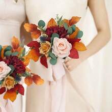 1 باقة زفاف خريفية للعروس والوصيفات باللون البرتقالي المحترق والسج الاصطناعي، باقة وصيفات للزفاف والحفلات الراقصة، ترتيبات زهور، ديكور الزفاف، ديكور منزلي للحفلات، اكسسوارات عيد الحب - البرتقالي مرهق - مشاهدة 3