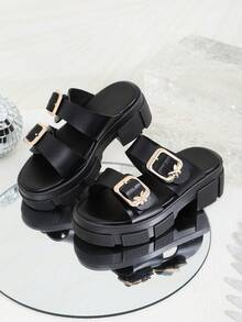 1 Pair Black Plus Size Roman High Heel Sandals For Middle & Elementary School Students, Double Metal Buckle Decor, Slip-On Design, Round Toe, Thick Sole, Comfortable Flat, Cute Beach Casual Slippers Suitable For Girls Aged 3-15, Spring/Summer