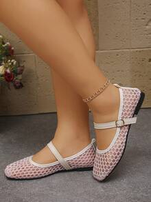 宽楦春秋新款时尚方头女式平底鞋，日常穿着网面低帮平底鞋，尺码36-43，轻便舒适户外加大码女式平底鞋 - 粉紅銀網格 - 查看 3