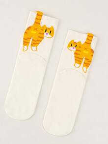 2双春秋季可爱女生日常外出吸睛猫屁股装饰柔软透气卡通风格短袜休闲穿搭闺蜜聚会猫咪袜 - 黑與白 - 查看 15