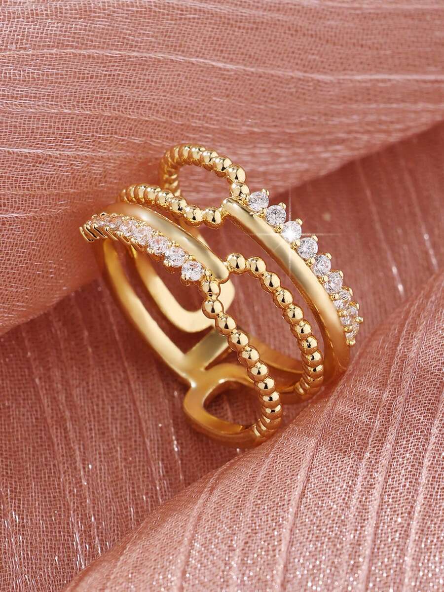 1 chiếc nhẫn bất đối xứng nhiều lớp đính đá Zirconia thời trang, thanh lịch. - Vàng - Xem 1