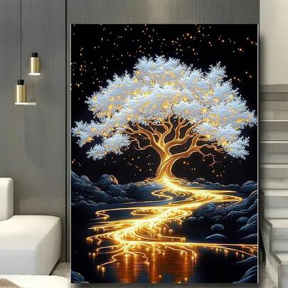 成人白金树DIY钻石画套装，生命之树5D全钻钻石画，宝石艺术，成人工艺套装，家居办公室墙面装饰
