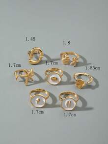 7件套简约时尚合金滴油个性化扇贝海星戒指套装，几何线条镂空可叠戴戒指，适合日常佩戴、休闲、派对、送礼