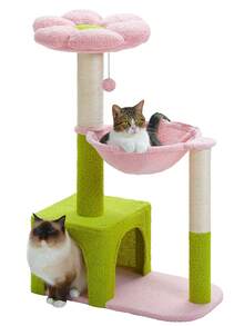 PAWZ Road Flower Cat Tree 35"-47.3" Multi-Level Cat Tower With Sisal-Wrapped Scratching Posts, Cute Cat House For Small And Medium Indoor Cats, Pink Resting Area, Ramp, Fluffy Ball - Green - View 7
