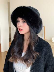 1顶女士纯色仿毛皮渔夫帽，厚实保暖，保护耳朵，百搭，适合日常外出和购物 - MM2552 - 查看 17